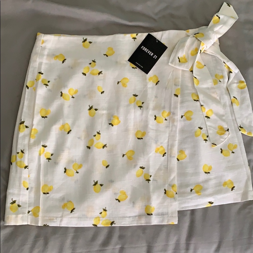 Lemon Print Mock Wrap Skirt